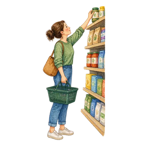 A shopper looking toward a high shelf
