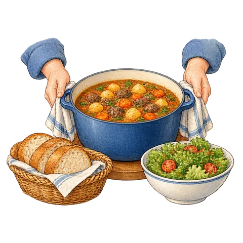 Hands serving a large welcoming meal