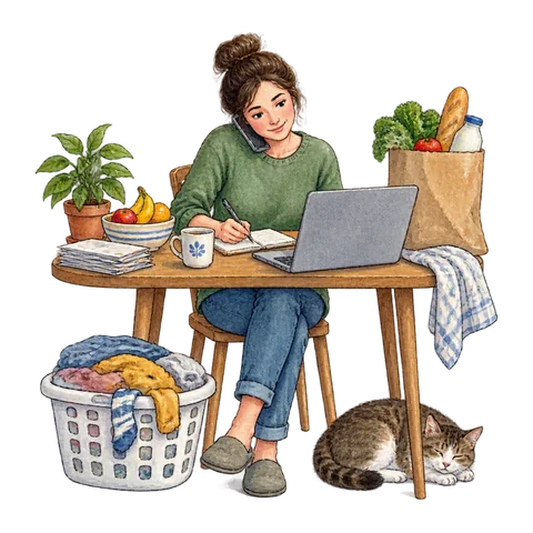 A busy person surrounded by ordinary tasks