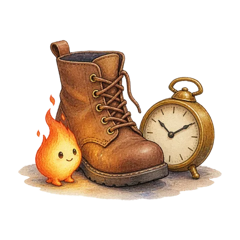 A tiny stylized flame near a boot and a clock