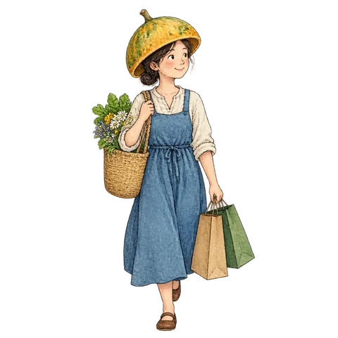 A shopper wearing a bowl-shaped gourd hat