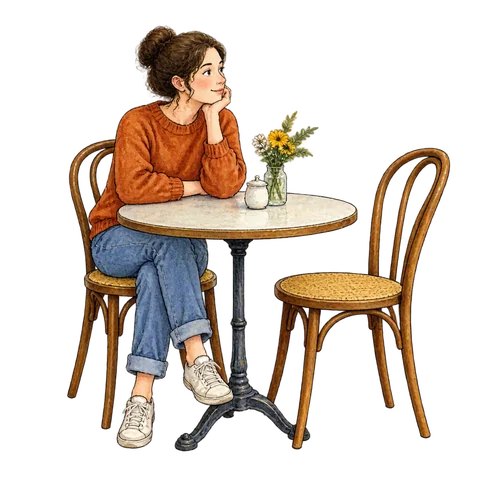 A person waiting at an empty cafe table