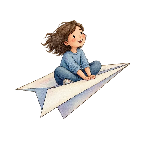 A smiling person imagined on a small paper airplane