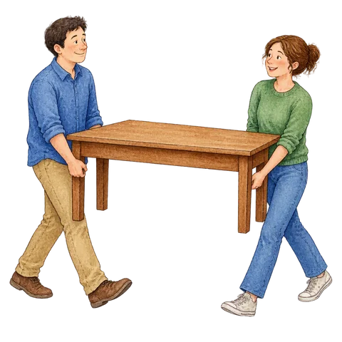 Two people carrying a table in step