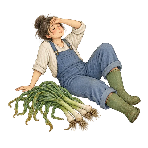 An exhausted person reclining beside wilted scallions