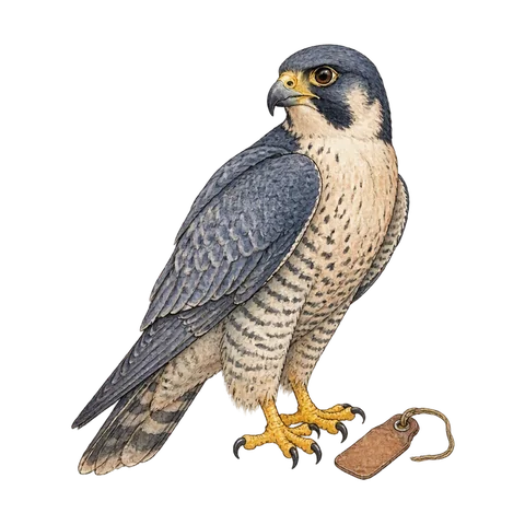 A falcon beside a small removed tag