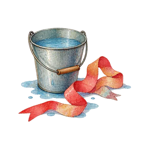 A small bucket of water beside a fading celebratory ribbon