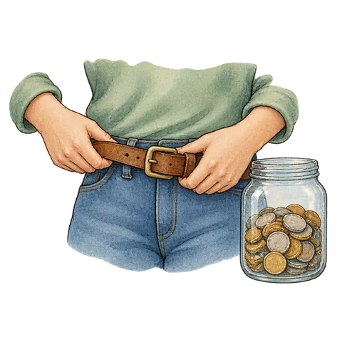 Hands tightening a simple belt beside a coin jar