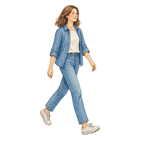 A person walking calmly with a relaxed expression