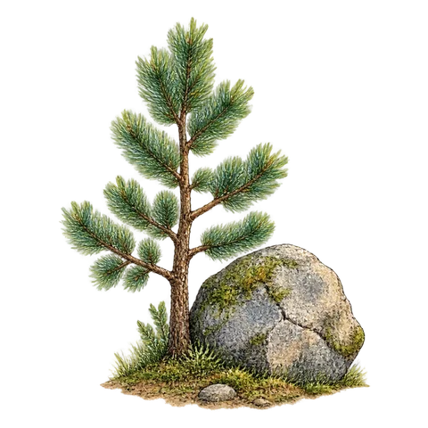 A young pine tree beside a weathered stone