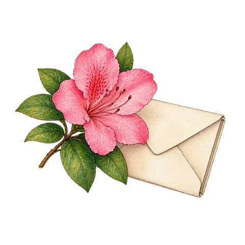 A single azalea blossom beside a folded blank letter
