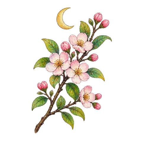 A flowering branch beneath a small crescent moon