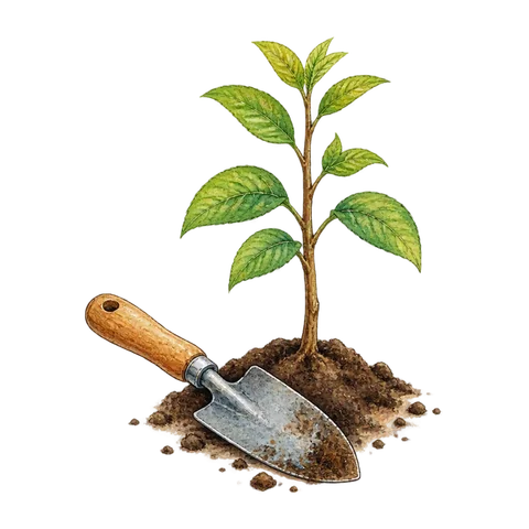 A simple hand tool beside a growing sapling