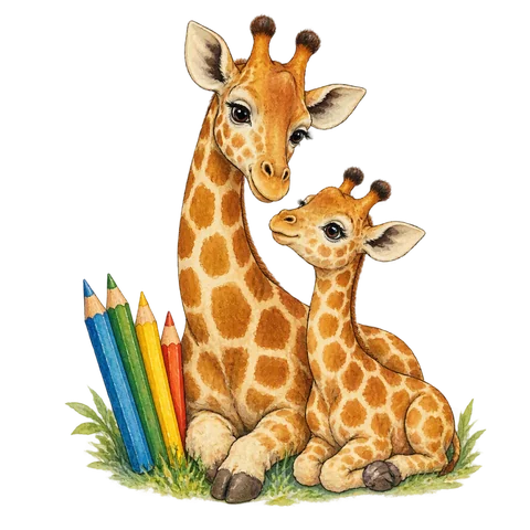 Two giraffe drawings beside colored pencils