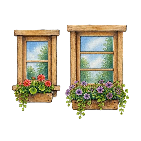 Two small window frames with single and double bars