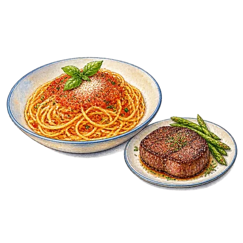 A plate of spaghetti beside a small steak dish