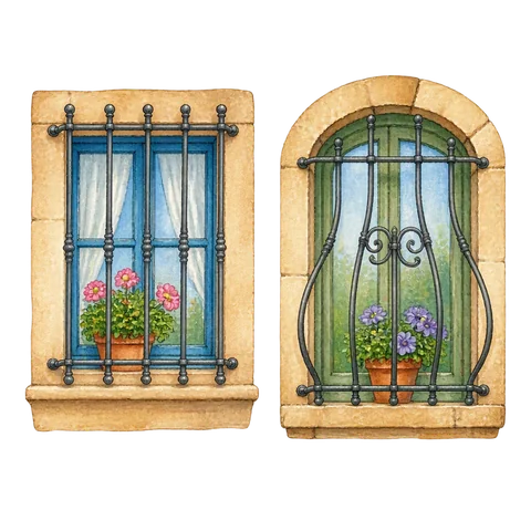 Two window frames with different arrangements of iron bars