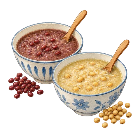 Two bowls of red-bean and soybean porridge