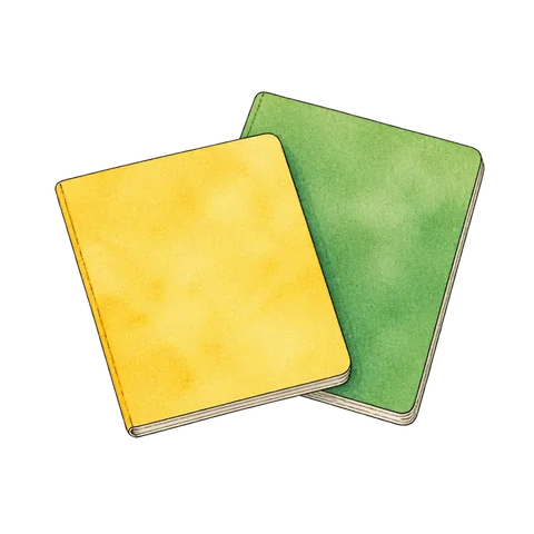 A yellow bankbook and a green bankbook with blank covers