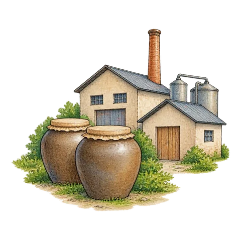 Two plain fermentation jars beside two small factory buildings