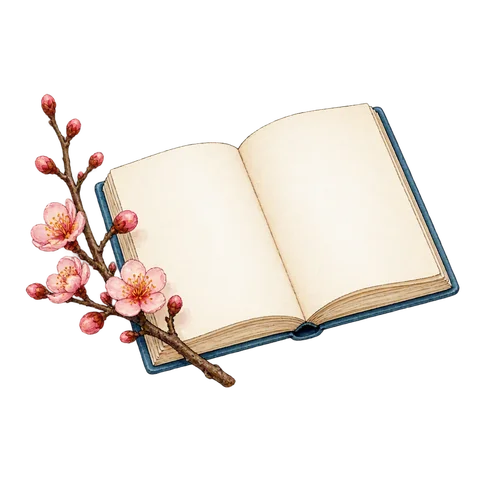 An open notebook beside a plum blossom branch.