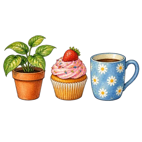 Three small colorful objects arranged in a row