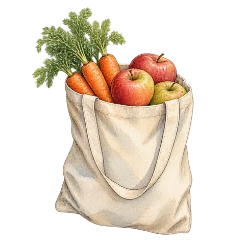 A cloth shopping bag filled with carrots and apples