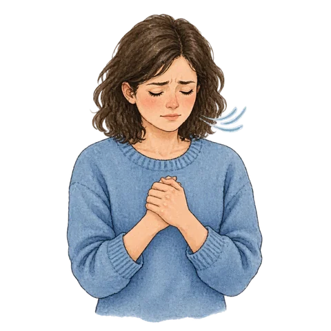 A worried person holding their own two hands firmly together and taking a steady breath, becoming composed
