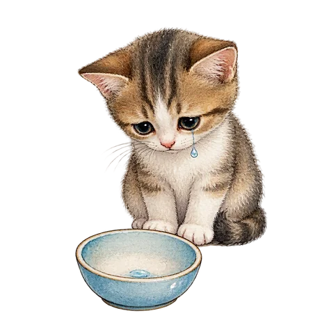 A small cat with one tiny tear falling into an almost empty bowl, showing a very small quantity