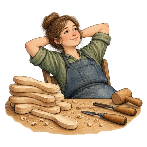 A relaxed craft worker leaning back beside unfinished wooden spoon blanks, tools idle on the bench