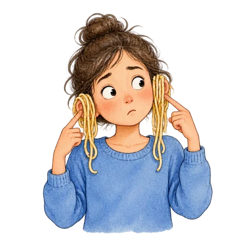 A puzzled listener with strands of cooked noodles draped loosely over both ears, a clear literal joke