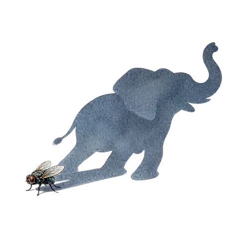 A tiny housefly casting the oversized silhouette of an elephant, exaggeration made visible