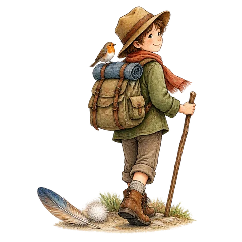 A small feather and a tuft of down beside a traveler setting off, a good-luck farewell scene without written symbols