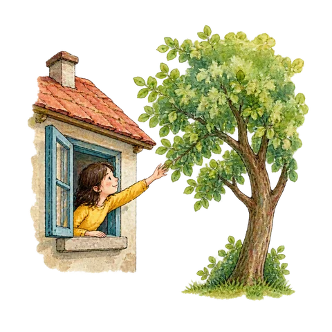 A hand reaching easily from a small house toward a nearby leafy tree