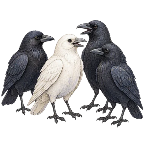One clearly white crow standing among three dark crows, all friendly and anatomically recognizable