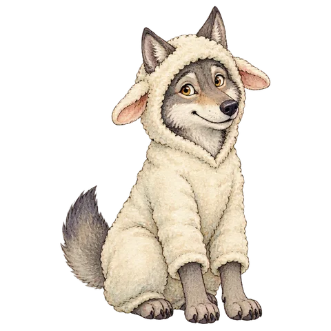 A clearly recognizable friendly wolf wearing a loose sheep-fleece costume, its wolf ears and snout still visible