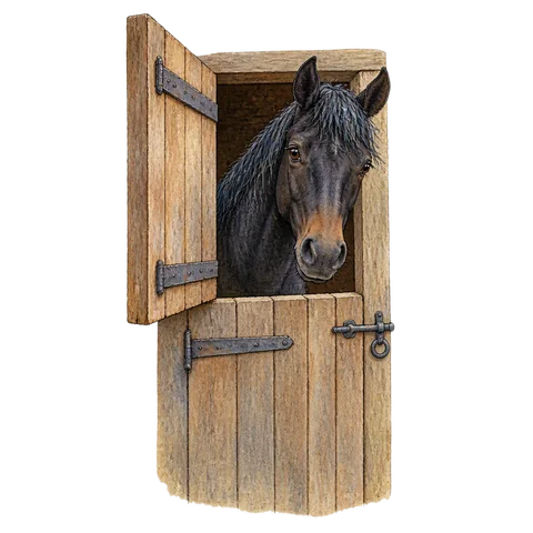 A dark-coated horse peeking from behind a partly open stable door, its abilities still a mystery