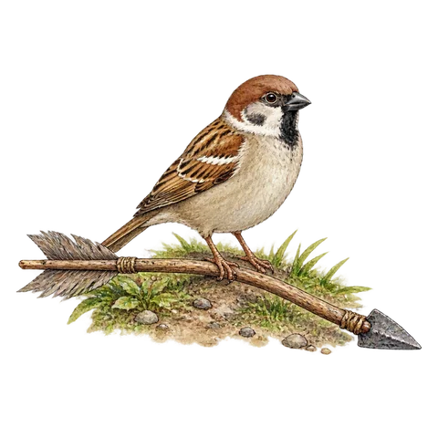 An alert sparrow calmly perched beside a harmless old bent arrow on the ground, experienced and watchful, no wound