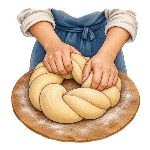 A baker’s hands kneading a traditional looped kalach loaf dough, the loaf visibly well worked