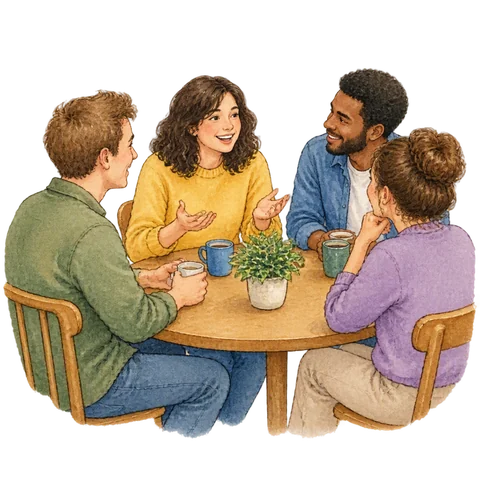 A cheerful person at the center of a small friendly gathering, everyone drawn into the conversation