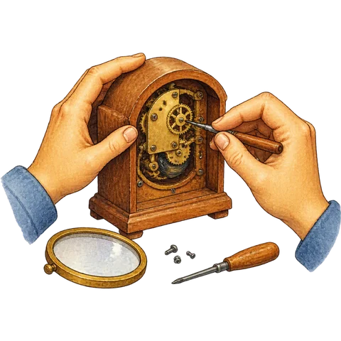 A pair of gently golden hands repairing a small wooden clock with skill