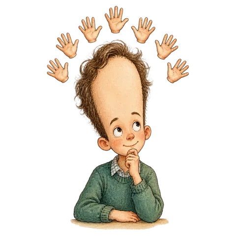 A thoughtful storybook figure with an exaggerated tall forehead, seven small hand-span shapes floating above it, no numerals