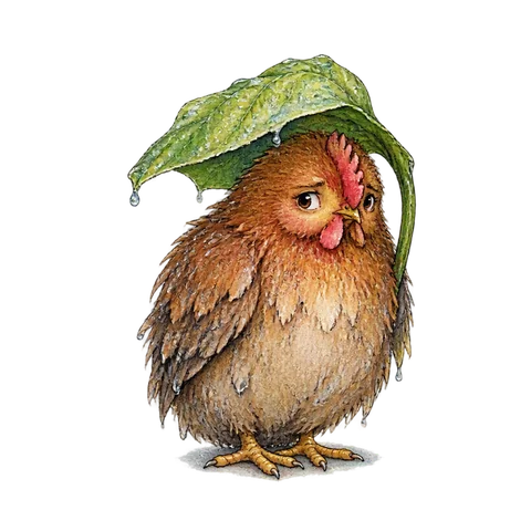 A timid wet hen with rain-damp feathers huddling under a small leaf