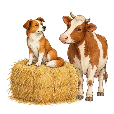 A dog sitting possessively on a pile of hay while a patient cow waits nearby