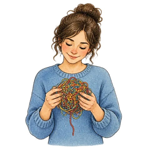 A person calmly holding a tangled ball of thread