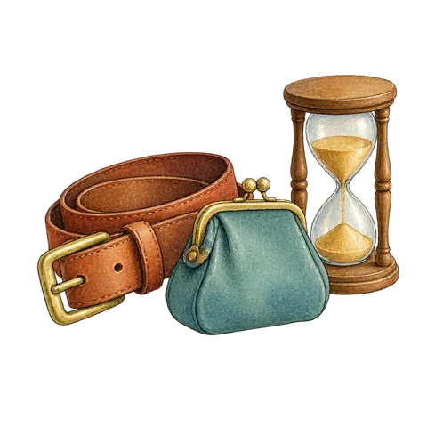 A belt beside a small purse and an hourglass