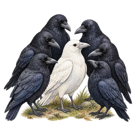 A white crow standing among dark crows