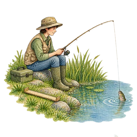 A patient angler beside a pond and a small measuring ruler