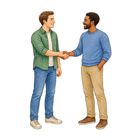 Two friends smiling and shaking hands