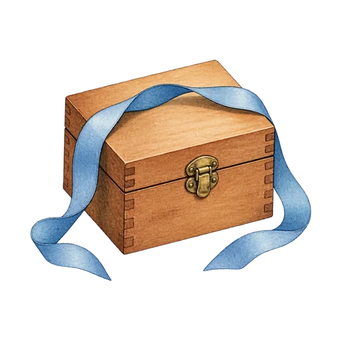 A closed small wooden box with a loose ribbon